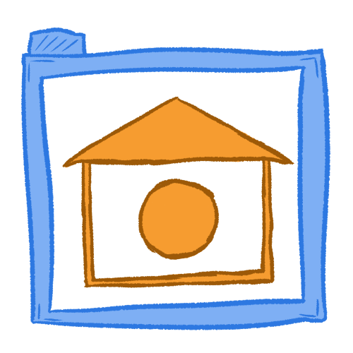 an orange house with an orange circle inside of it, inside of a transparent blue folder.